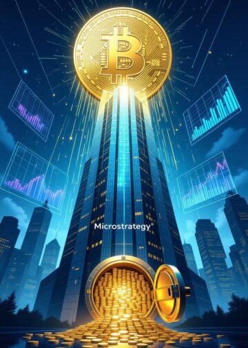 A highly detailed, futuristic digital illustration depicting the transformation of corporate treasury through Bitcoin.